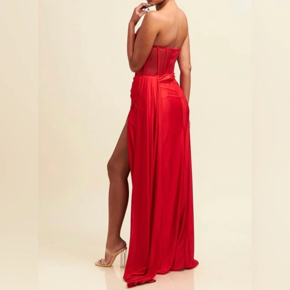 Red Draped Corset High Slit Gown